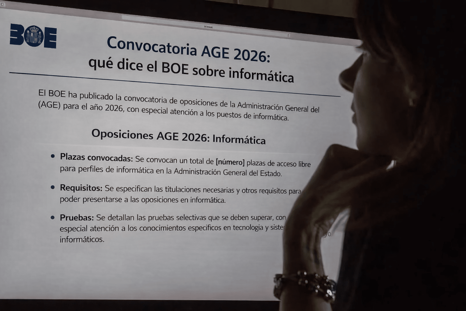 Joven mirando la información de la Convocatoria AGE 2026 y lo que dice el BOE del bloque informática