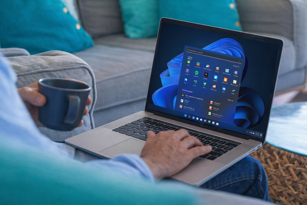 Hombre con PC utilizando Windows 11