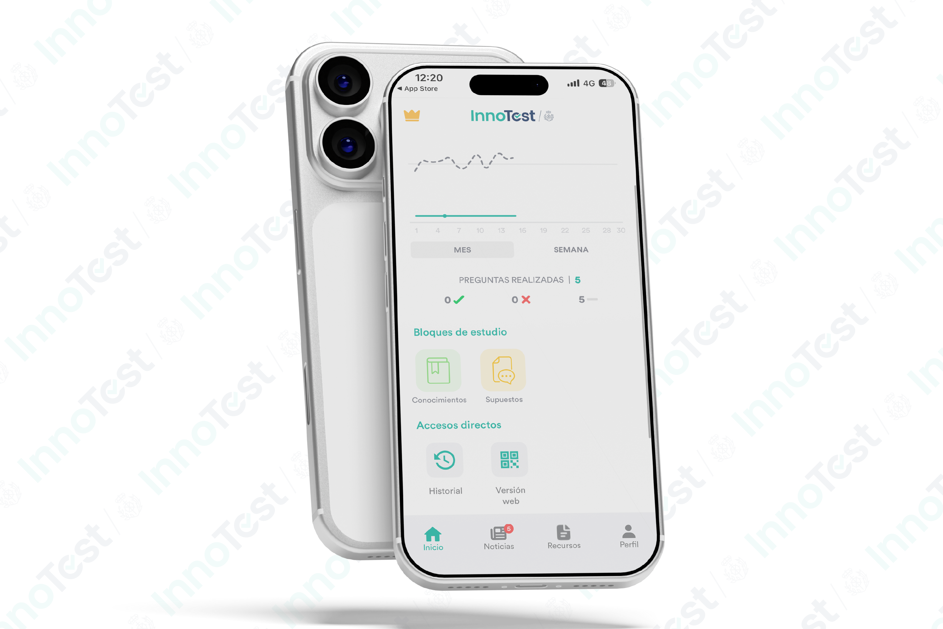 App InnoTest con pantalla mostrando estadísticas de progreso